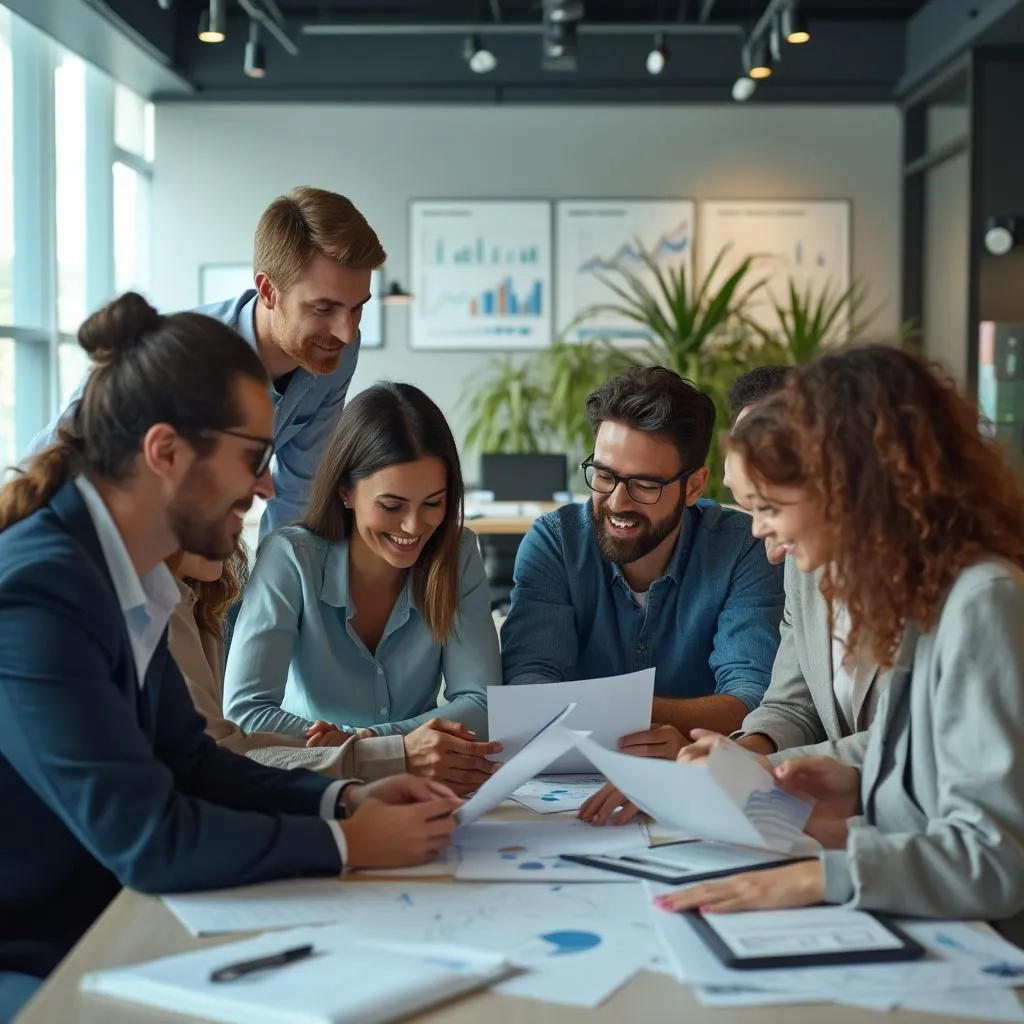 Equipo discutiendo estrategias financieras en oficina moderna